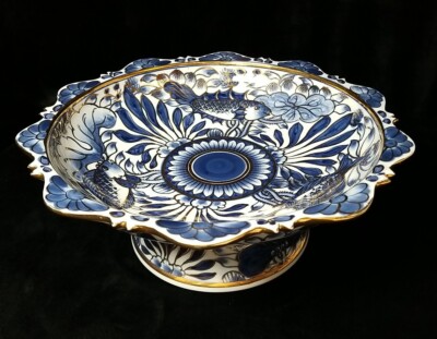 Vintage Large Porcelain Footed Bowl With Cobalt And Gold Trim Fish Design KOI