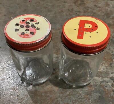 Rare Vintage-Anchor Glass Salt & Pepper Shakers- Glass With Tin Tops-Red & White