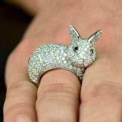 3 Ct Round Cut White Moissanite Women's Bunny Rabbit Ring 14K White Gold Plated