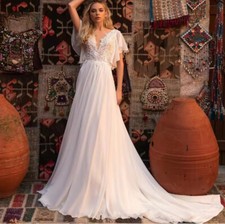 Sexy Backless Short Sleeve Chiffon Beach Wedding Dresses Applique Court Train