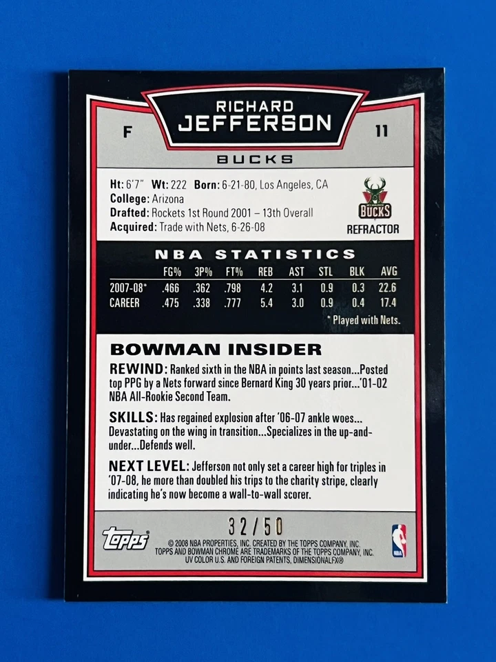 Tarjeta refractora dorada Bowman 2008-09 cromada Richard Jefferson Bucks #11; #d/50 Foto 3 de 3
