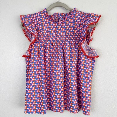 THML Pink Blue Geometric Floral Smocked Flutter Sleeve Pom Pom Top M