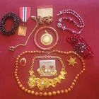 Vintage Costume Jewelry Lot Marvella Marbled Orange Bead Necklace Military Medal