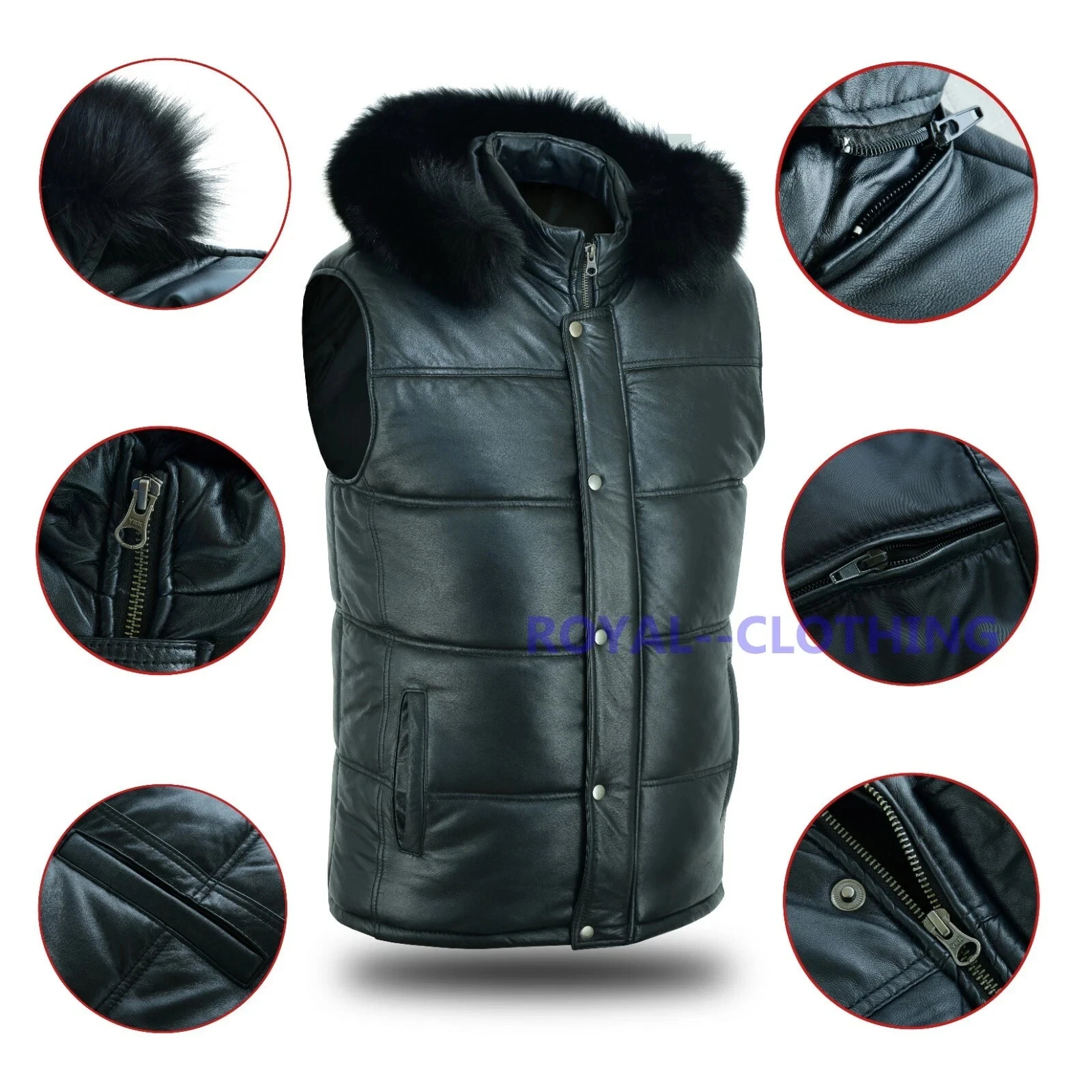 MENS GENUINE LAMBSKIN LEATHER BUBBLE PUFFER VEST BLACK FOX FUR HOOD ALL SIZES