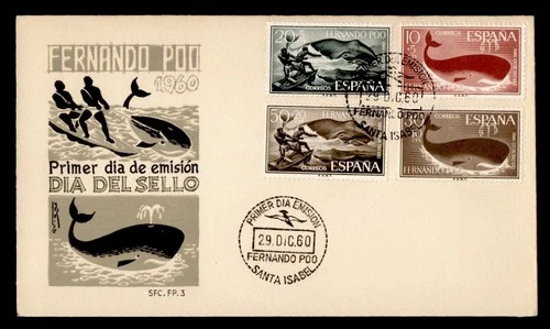 DR WHO 1960 SPANISH FERNANDO POO FDC WHALE SEMI POST STAMP DAY COMBO M76499