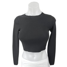 Zara Black Ribbed Knit Long Sleeve Crew Neck Cropped Pullover Sweater Top Size M