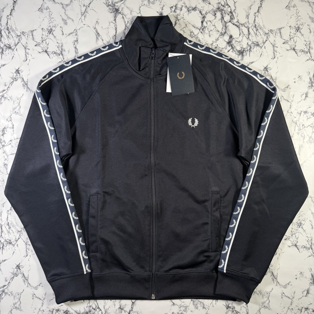 FRED PERRY Mens Navy Blue Contrast Tape Track Jacket SIZE MEDIUM
