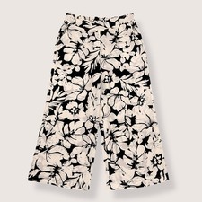 Tahari Pants Women Large Black Ivory Floral Wide Leg Flowy Elastic Waist NEW