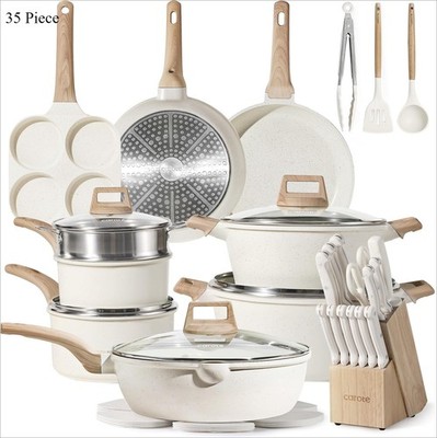 CAROTE ICE 35pcs Pots and Pans Set, Nonstick Cookware Sets, Cream White