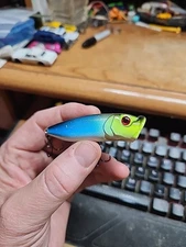 Blue w Green Face Black Back Rattling Flow Through Topwater Popper Fishing Lure