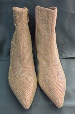 Rhinestone Stiletto Ankle Bootie Beige Silver Pointed Toe Slip Resistant 9