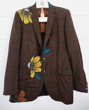 Vtg Upcycled Floral Applique Embelishe Sport Blazer Brown Plaid Jacket
