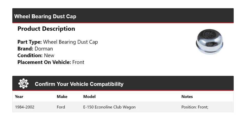 Tapa antipolvo cojinete de rueda Dorman 1985 para Ford E-150 Econoline Club Wagon 1984-2002 Foto 2 de 4