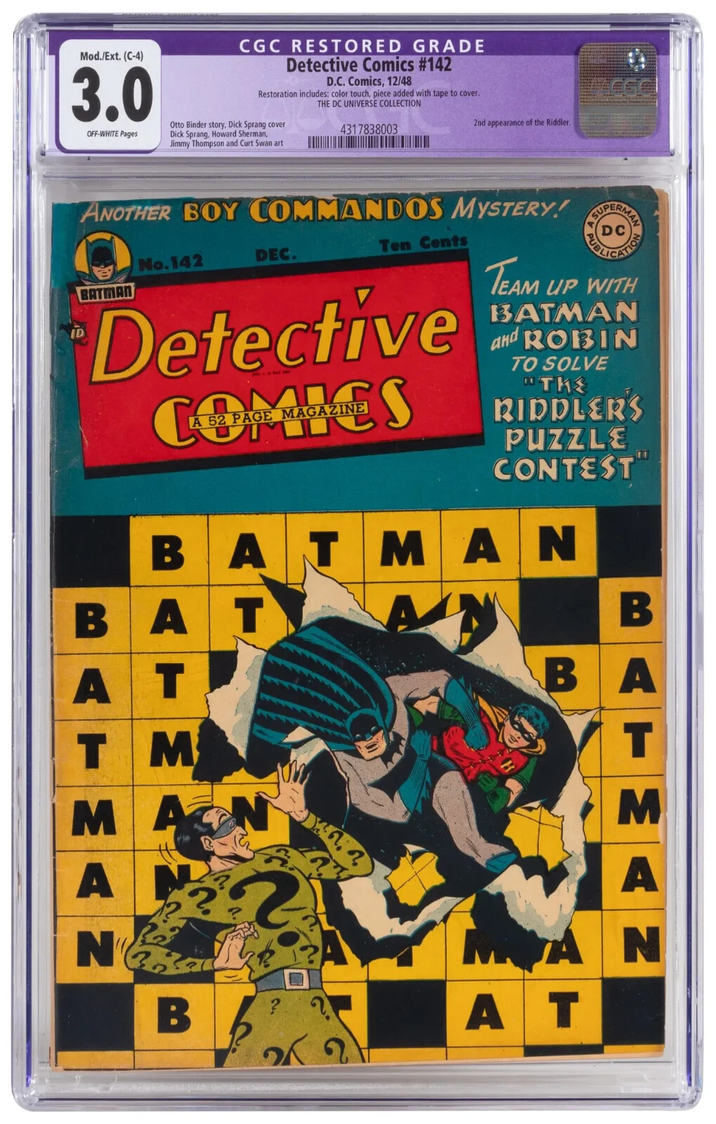 1948 D.C. Comics Detective Comics 142 CGC 3.0. 2nd Riddler Appearance. Batman