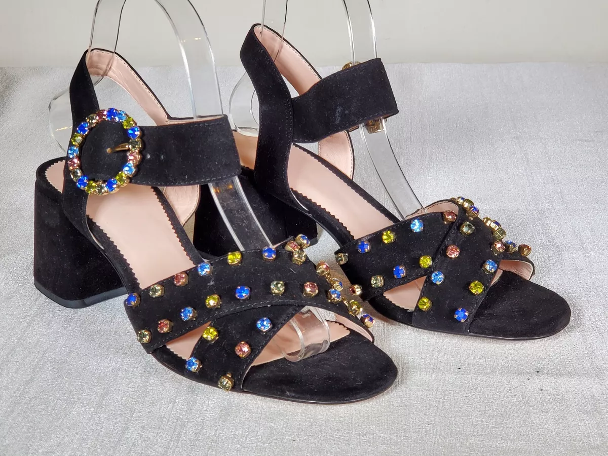 NWOT J.CREW Black Suede Penny Heeled Sandals Embellished Crystals