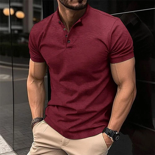 Mens Henley Grandad Collar Tee Plain T-Shirt Short Sleeve Casual Button Top New - Photo 12/28