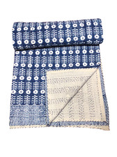 Indigo Blue Hand Block King Quilt Kantha Bedspread Throw Cotton Blanket Gudri
