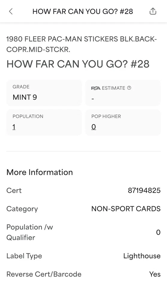 POP 1 PSA 9 RC 1980 Fleer Pac-Man Rookie 1st Edition Vintage Sticker Black Back - Image 3 of 3