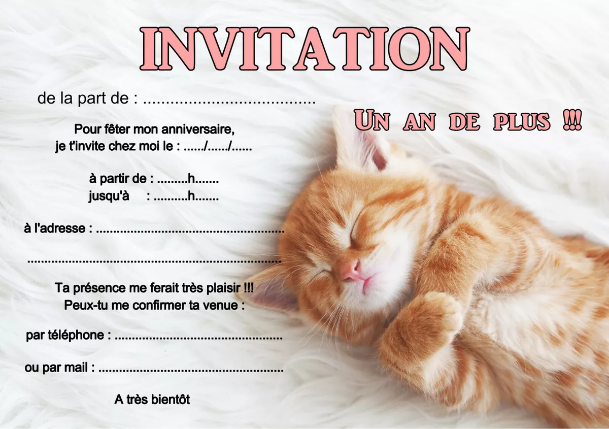 Carte Anniversaire Chat Gratuite à Imprimer 5 - 12 ou 14 cartes invitation anniversaire chat mignon réf 481 | eBay