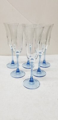 6 LUMINARC  FRANCE CRYSTAL GLASS FLARED RIM BLUE STEM CHAMPAGNE GLASSES 8 2/3''