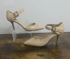 14th & UNION Heels Pumps Womens Sz 7.5 Beige Leather Ankle Strap Career Office