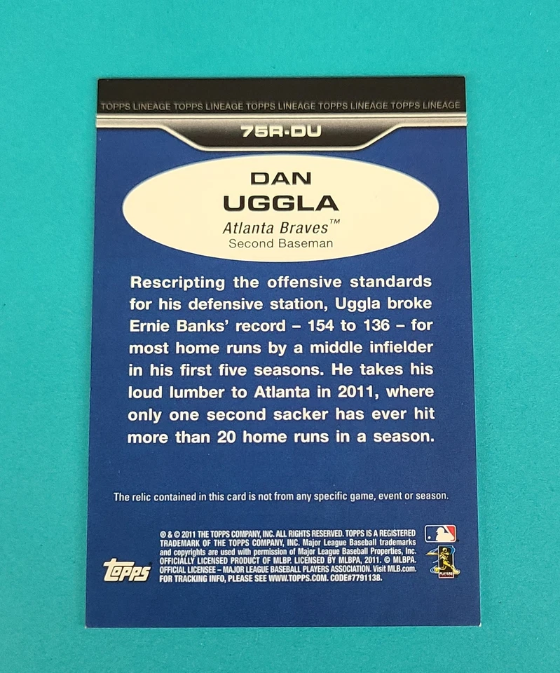 2011 Topps Lineage 1975 Mini Relics #75R-DU Dan Uggla Braves BASEBALL Card P8 - Image 2 of 2