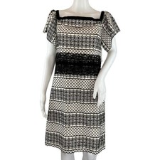 Halston Women's Dress Graphic Details Flutter Sleeves White & Black Sz 12