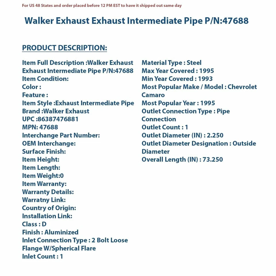 Walker Exhaust Exhaust Intermediate Pipe 47688 | High-Quality Auto Part, Univers - Image 4 of 4