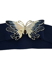 Vintage 80s Butterfly Enameled Buckle Stretch Belt Adjustable Blue