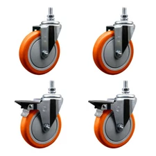 5 Inch Orange Polyurethane ½ Inch Threaded Stem Caster Set 2 Brakes SCC