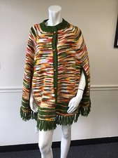 Vtg Hand Knit Crochet Autumn Sunset BOHO Festival Fringe Hippie Poncho Cape OSFM