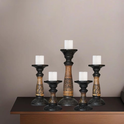 Handmade Eco-Friendly Black Wash Mango Wood Set Of Five Pillar Candle Holder BBH - 第 1/22 張圖片