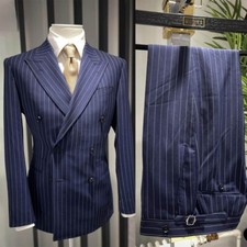 Men Blue Double Breasted Suit Striped Jacket Peak Lapel Business Wedding Elegant