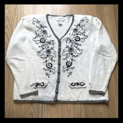 Vintage Floral Embroidered Beaded Cardigan Sweater Women s L Cottagecore