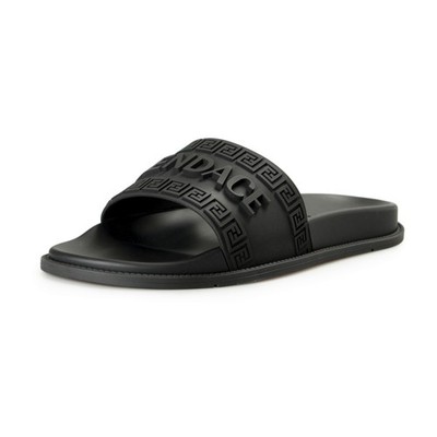 FENDI X VERSACE Fendace Women's Black Logo Embossed Pool Slide Flip Flops Shoes