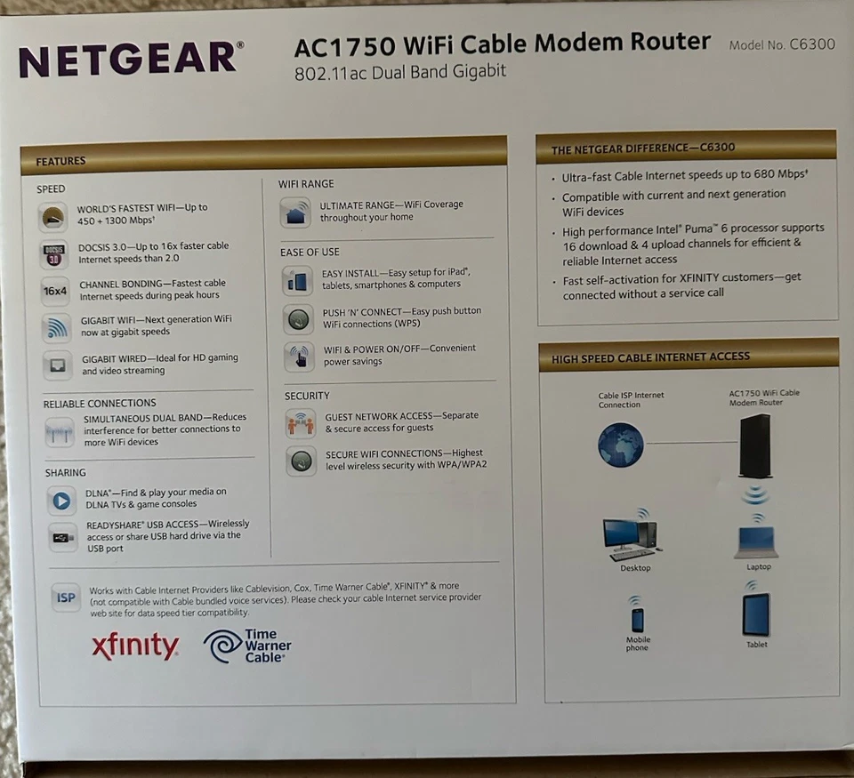 Netgear C6300 AC1750 WiFi Dual Band Cable Modem Gigabit Router Xfinity Spectrum - Image 3 of 4