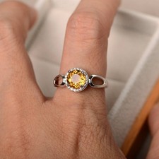 925 Sterling Silver Citrine Women Ring Natural Round Gemstone Halo Ring