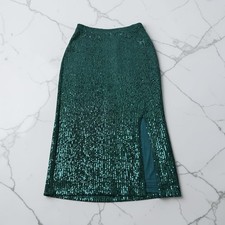 Anthropologie Maeve Alicia Sequined Midi Skirt Green Side Zip Slit Size XS