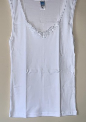 New Ladies 100% Cotton Lace Neckline Wide Strap Vest Top Underwear *White Swan*