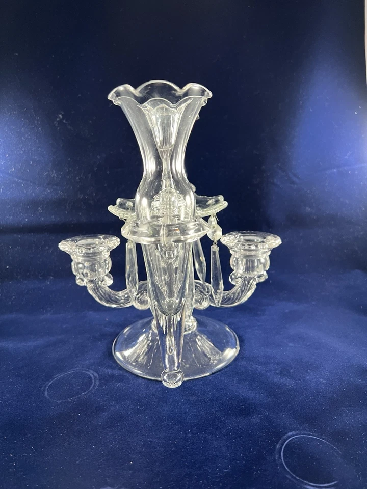 Candelabro vintage Cambridge Glass Epergne 3 candelabros jarrón prismas de capricho Foto 3 de 4