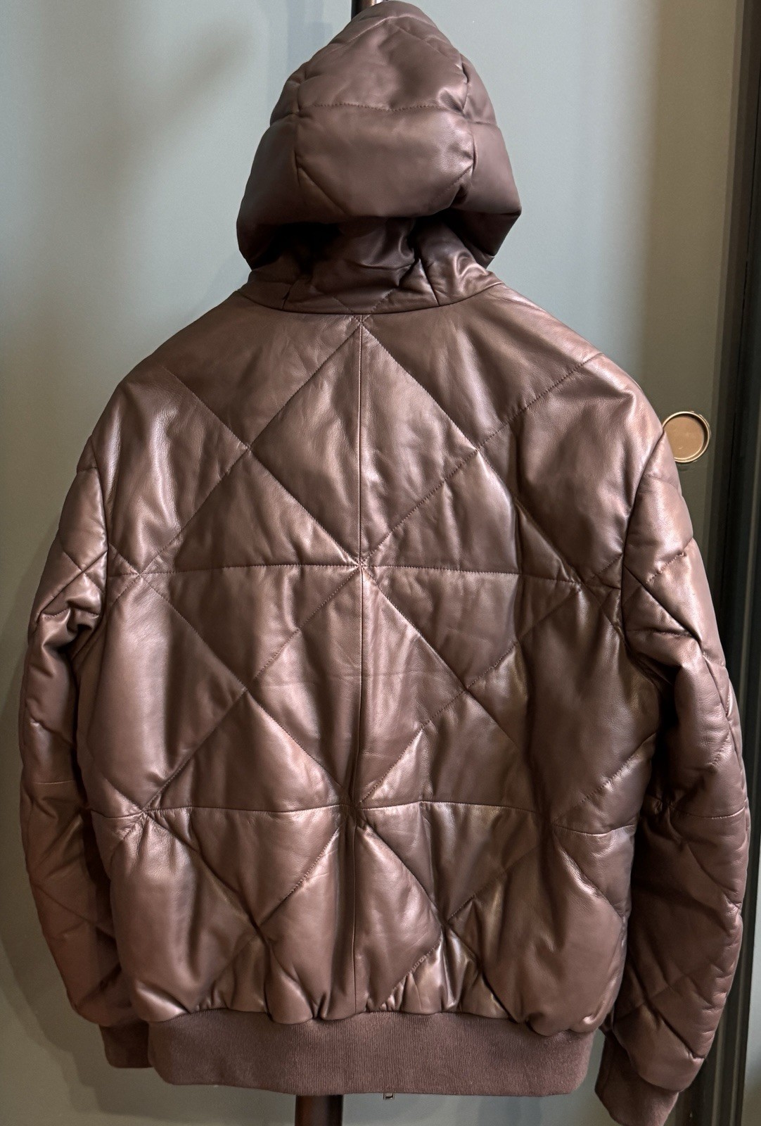 EMPORIO ARMANI Brown Lambskin Leather Puffer Jacket Hooded Full Zip Hooded 54 Xl image 4