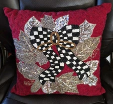 Mackenzie Childs Berry Frost Courtly Check Bow  Beaded  Leaves  Pillow 15x15