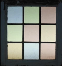 GEOMETRICAL OLD ENGLISH LEADED STAINED GLASS WINDOW 18.5" X 20.25"