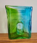 Vtg Murano Rectangle Blue Vase Art Glass Donut Hole Retro, Blu/Green, 8"