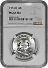 1953 D 50C Silver Franklin Half Dollar NGC Graded MS 64 FBL White in New Holder