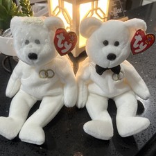 Mrs and Mr 2001 White Plush 8in Ty Beanie Baby Bride and Groom Set W/Tags New