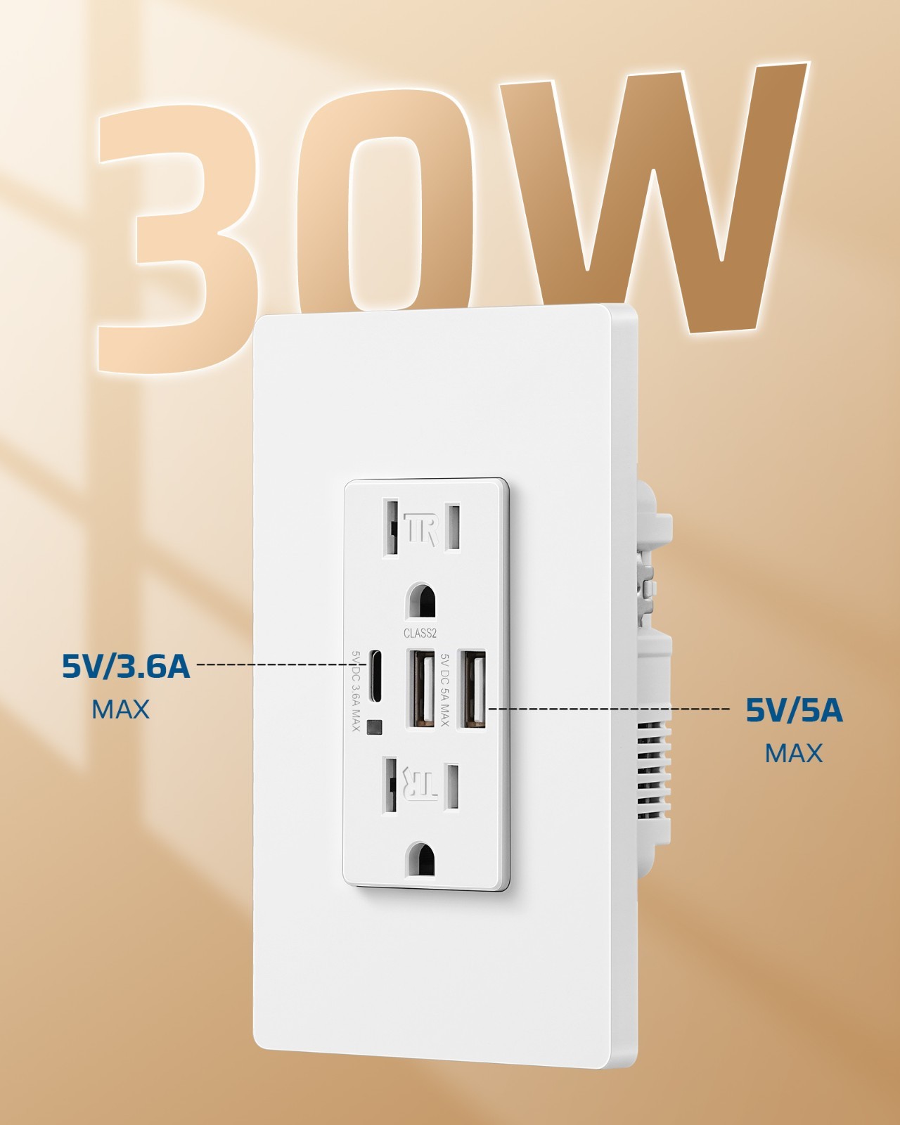 DEWENWILS USB Outlet 3-Port 30W Wall Charger 2 USB A & 1 USB C 15A TR UL Listed