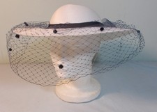 Vtg White Straw Wide Brim Hat with Navy Polka Dot Veil Wedding Derby