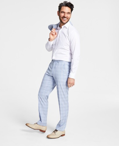 Alfani Mens Slim fit Dress Pants 33 / 32 Light Blue Plaid Stretch