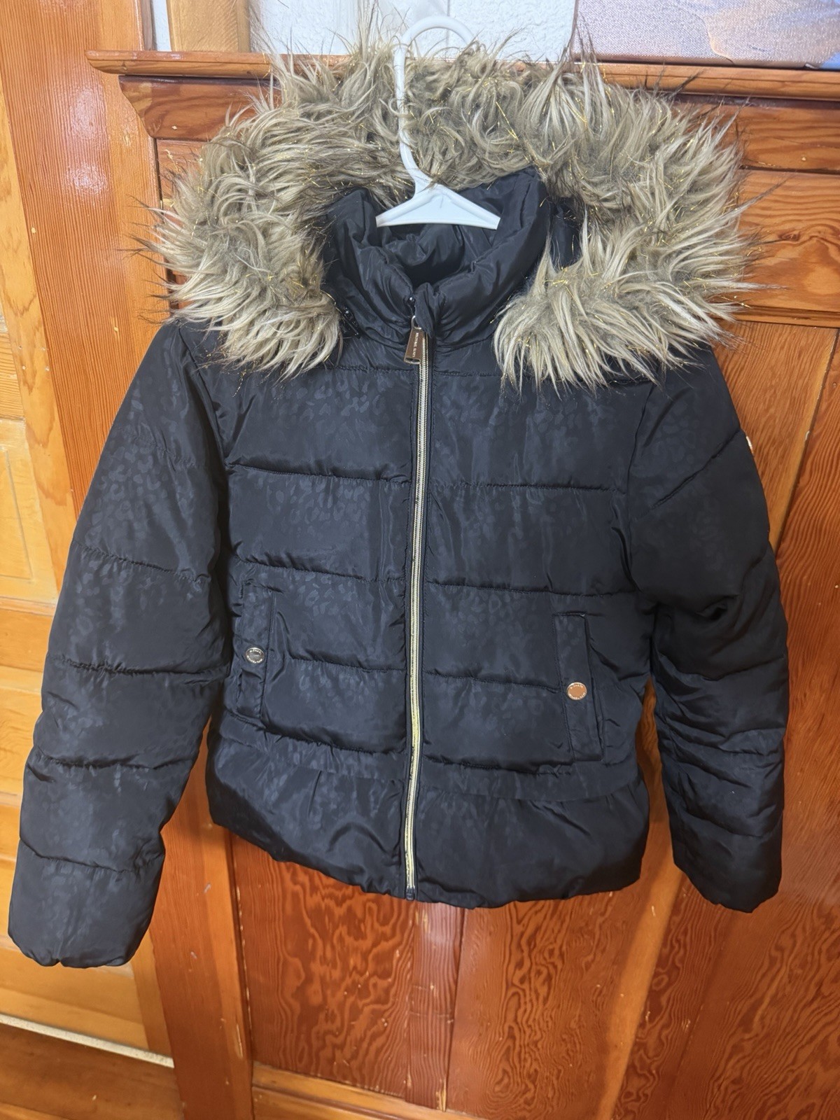 Michael Kors Girls Puffer Jacket Size 14 Black Faux Fur Hood